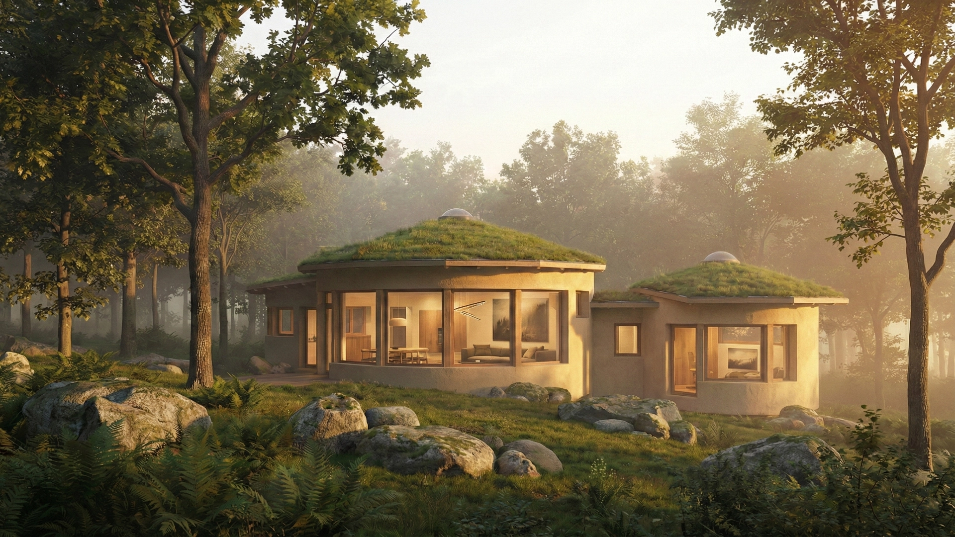 Autoconstruction de maison en paille porteuse, vue extérieure du projet en lisière de forêt