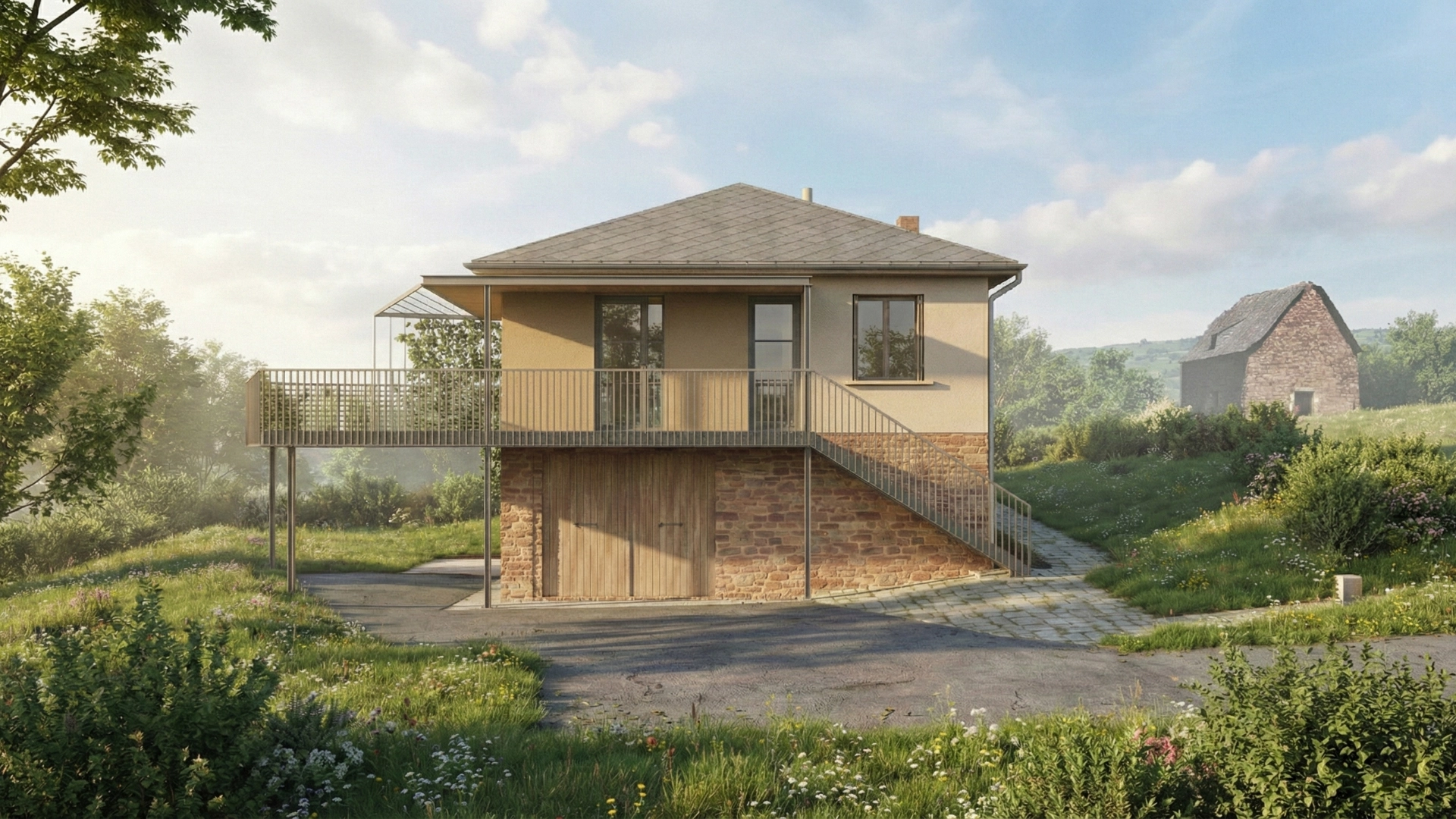 Maison des années 70 rénovée à Pruines avec terrasse suspendue métallique et coursive